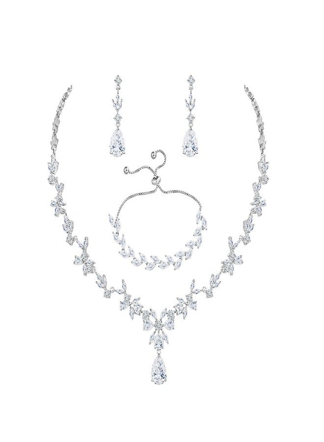 MEEDOZ White Gold Plated Necklace Dangle Earring Adjustable Bracelet Set with Marquise Teardrop Cubic Zirconia for Women (White Gold Plated) - Image 1